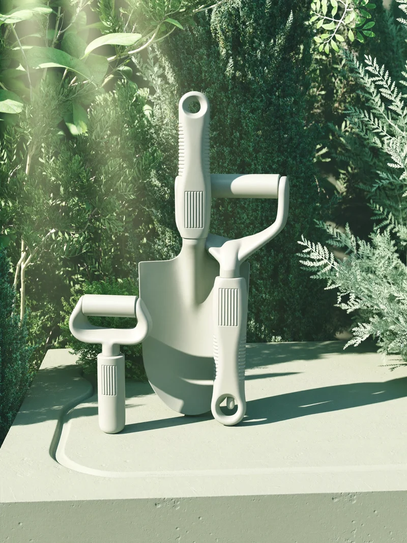 Illustrazione concettuale: set modulare di attrezzi da giardino senza loghi.